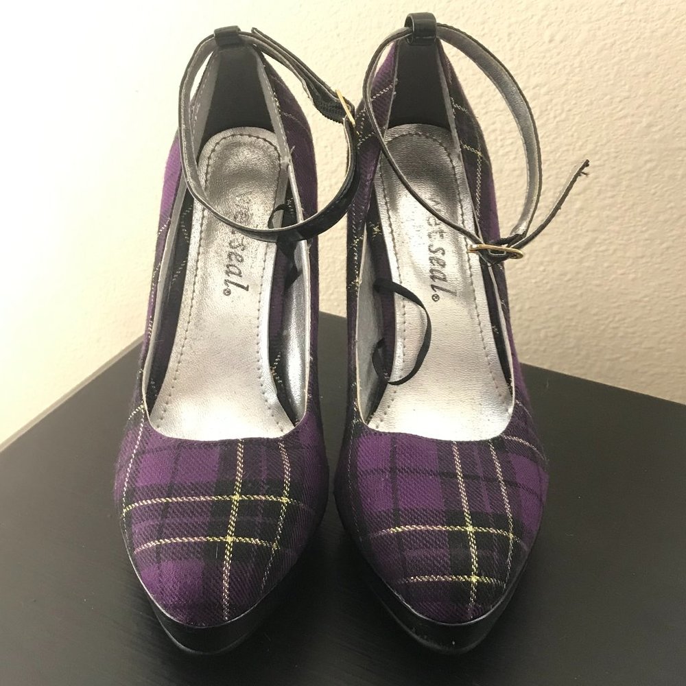 Wet Seal Purple/Gold Plaid Platform Heels with Ankle Strap